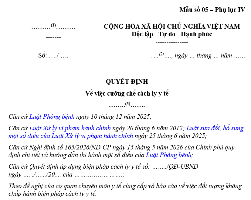 Tải về Mẫu Quyết định về việc cưỡng chế cách ly y tế từ 01/7/2026 theo Nghị định 165/2026/NĐ-CP?