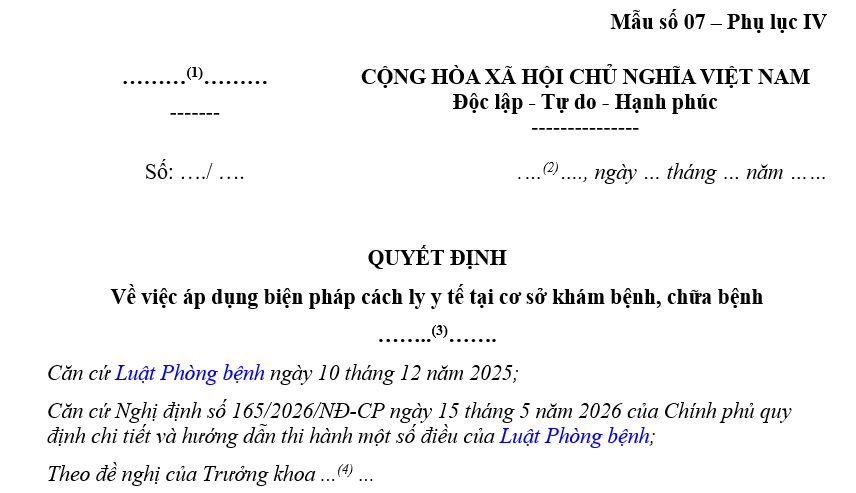 Tải Mẫu Quyết định về việc áp dụng biện pháp cách ly y tế tại cơ sở khám bệnh, chữa bệnh theo Nghị định 165/2026/NĐ-CP?
