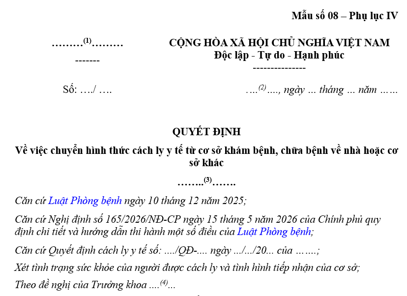 Tải mẫu Quyết định về việc chuyển hình thức cách ly y tế từ cơ sở khám bệnh, chữa bệnh về nhà hoặc cơ sở khác theo Nghị định 165?