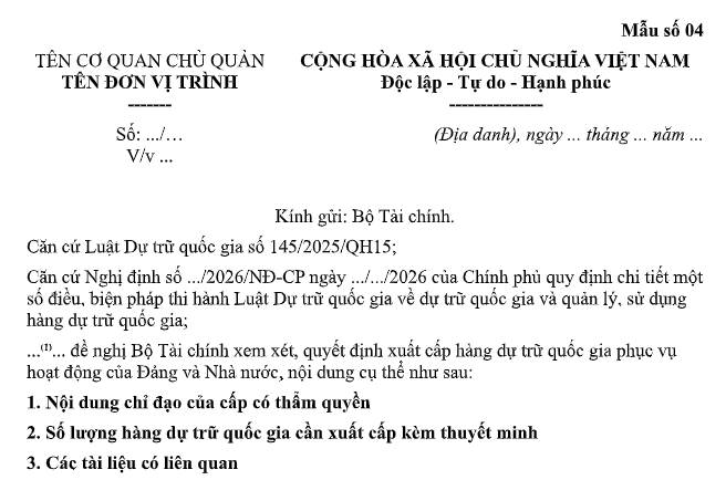 Mẫu Văn bản đề nghị xuất cấp hàng dự trữ quốc gia phục vụ hoạt động của Đảng và Nhà nước là mẫu nào theo Nghị định 345? Tải về?