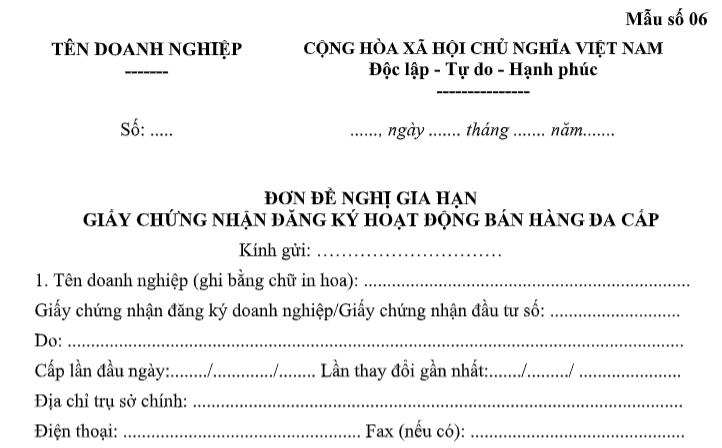 đơn đề nghị gia hạn GCN bán hàng đa cấp