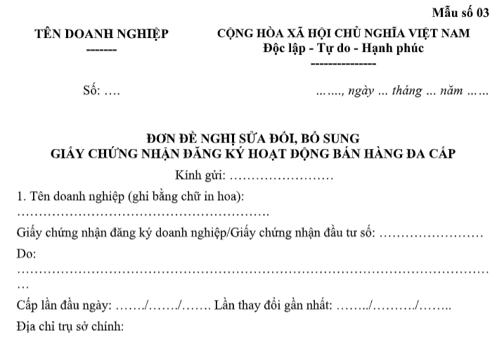 mẫu đơn đề nghị sửa đổi bổ sung gcn bán hàng đa cấp