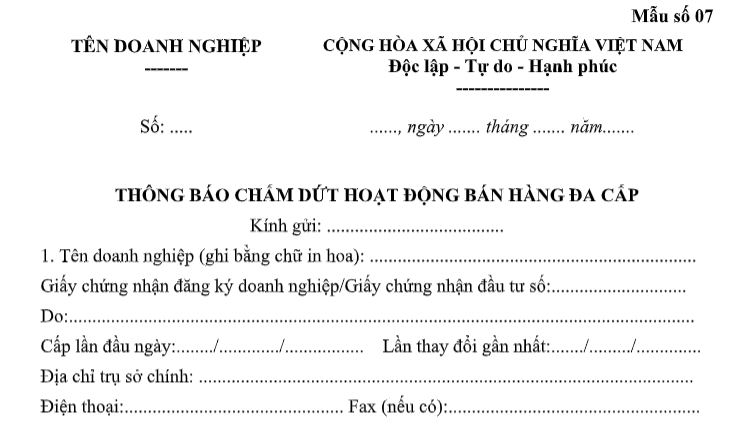 Mẫu thông báo chấm dứt hoạt động bán hàng đa cấp