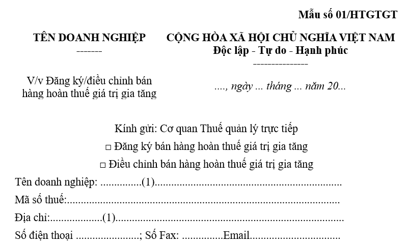 Mẫu Công văn đăng ký bán hàng hoàn thuế giá trị gia tăng năm 2026 theo Thông tư 84? Tải Mẫu số 01/HTGTGT?