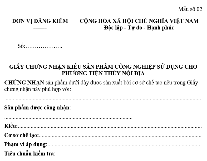 Tải về mẫu Giấy chứng nhận kiểu sản phẩm công nghiệp sử dụng cho phương tiện thủy nội địa theo Thông tư 28?
