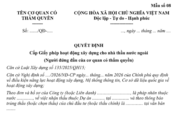 Tải Mẫu Quyết định cấp Giấy phép hoạt động xây dựng cho nhà thầu nước ngoài từ 01/7/2026 theo Nghị định 212 ở đâu?