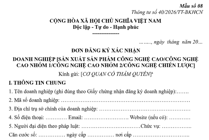 Mẫu Đơn đăng ký xác nhận doanh nghiệp công nghệ cao nhóm 2 theo Thông tư 40/2026/TT-BKHCN có dạng nào? Tải về?