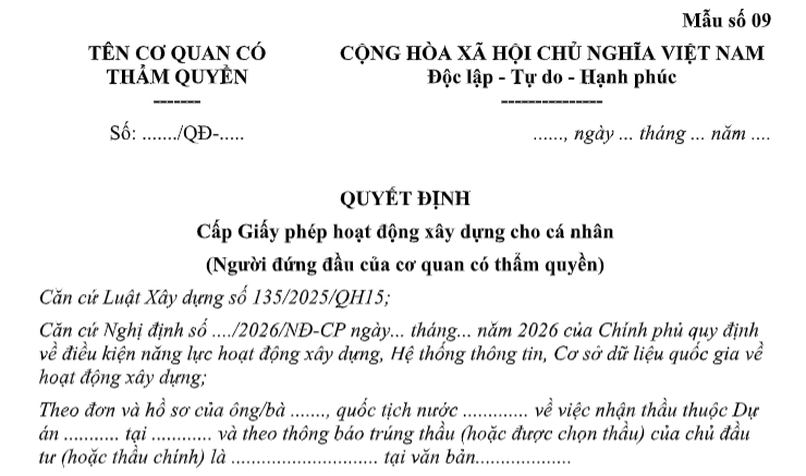 Mẫu Quyết định cấp Giấy phép hoạt động xây dựng cho nhà thầu nước ngoài là cá nhân theo Nghị định 212 có dạng nào? Tải về?
