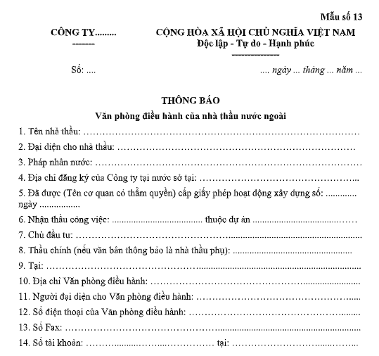 Mẫu Thông báo văn phòng điều hành của nhà thầu nước ngoài theo Nghị định 212 là mẫu nào? Tải về?