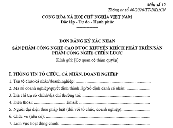 Tải về Mẫu Đơn đăng ký xác nhận sản phẩm công nghệ cao được khuyến khích phát triển theo Thông tư 40/2026/TT-BKHCN ở đâu?
