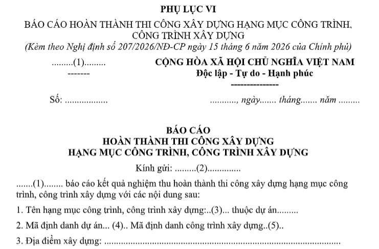 Mẫu Báo cáo hoàn thành thi công xây dựng hạng mục công trình, công trình xây dựng theo Nghị định 207/2026/NĐ-CP có dạng nào? Tải về?