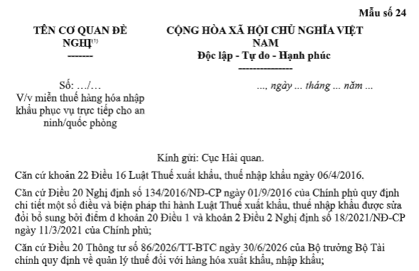 Tải mẫu Công văn đề nghị miễn thuế hàng hóa nhập khẩu phục vụ trực tiếp cho an ninh, quốc phòng từ 01/7/2026 theo Thông tư 86?
