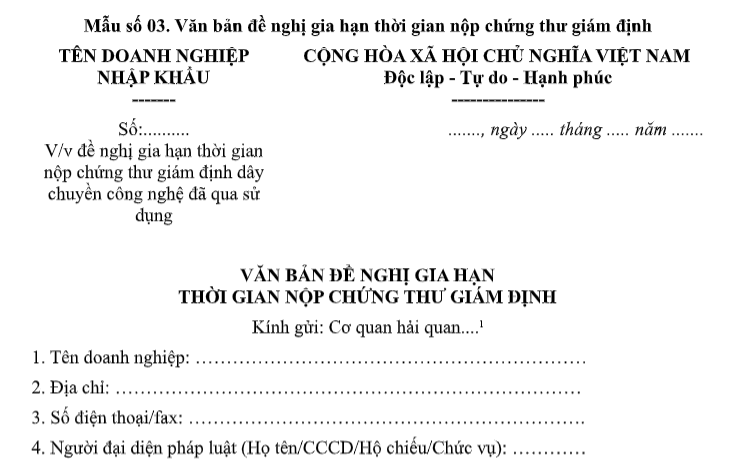 Mẫu đề nghị gia hạn thời gian nộp chứng thư giám định máy móc, thiết bị, dây chuyền công nghệ đã qua sử dụng theo Thông tư 56?