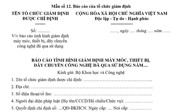 Tải mẫu báo cáo tình hình giám định máy móc, thiết bị, dây chuyền công nghệ đã qua sử dụng của tổ chức giám định theo Thông tư 56?
