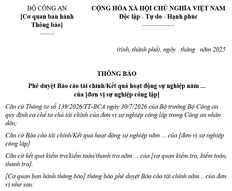 Mẫu Thông báo phê duyệt báo cáo tài chính, thông báo phê duyệt kết quả hoạt động sự nghiệp theo Thông tư 139? Tải về?