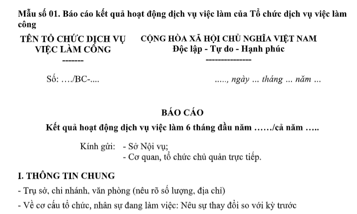 Mẫu Báo cáo kết quả hoạt động dịch vụ việc làm của Tổ chức dịch vụ việc làm công là mẫu nào?
