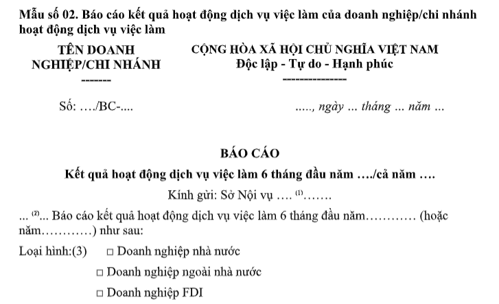 Mẫu Báo cáo kết quả hoạt động dịch vụ việc làm của Doanh nghiệp hoạt động dịch vụ việc làm là mẫu nào?