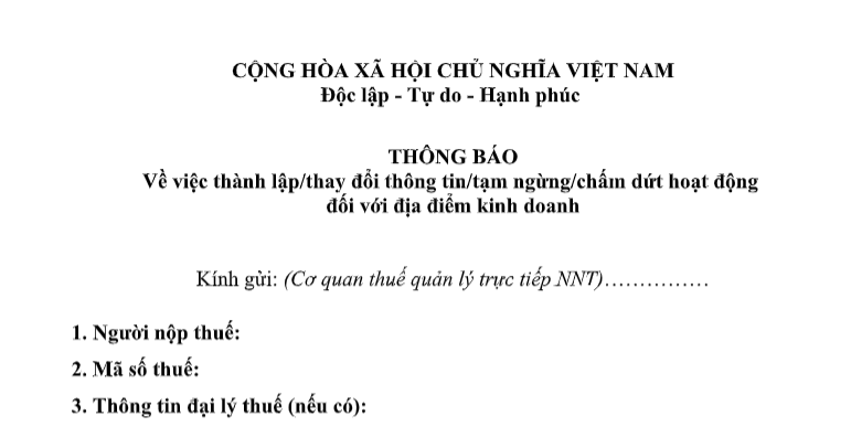 thông báo thay đổi địa điểm kinh doanh