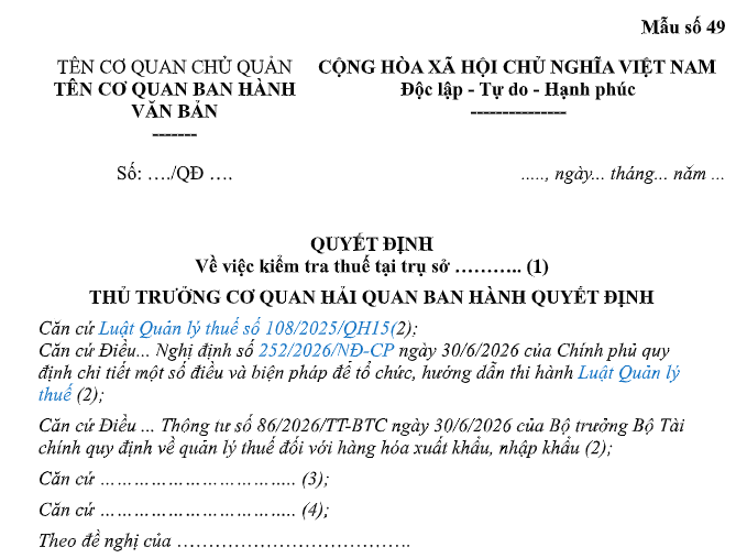 Mẫu Quyết định kiểm tra thuế tại trụ sở người nộp thuế theo Thông tư 86?
