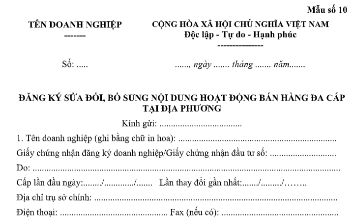 mẫu đơn đăng ký sửa đối bổ sung hoạt động bán hàng đa cấp tại địa phương