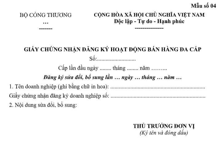 mẫu giấy chứng nhận bán hàng đa cấp sửa đổi bổ sung