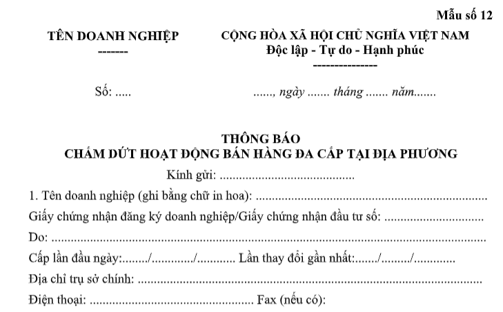 mẫu thông báo chấm dứt bán hàng đa cấp tại địa phương