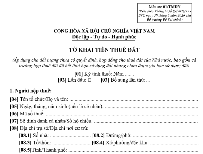 Mẫu tờ khai tiền thuê đất năm 2026 là mẫu nào?