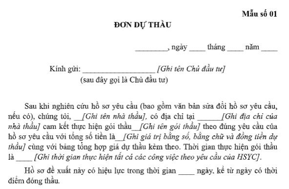 Mẫu Đơn dự thầu gói thầu xây lắp từ 09/9/2026 có dạng nào theo Thông tin 134/2026/TT-BTC? Tải về?