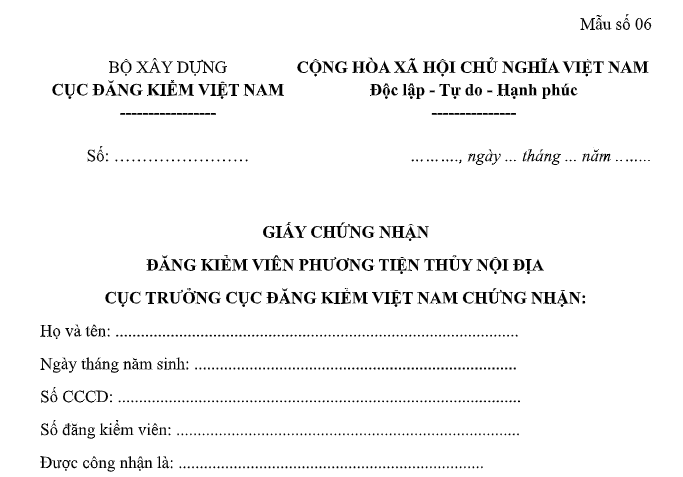 Tải về Mẫu Giấy chứng nhận đăng kiểm phương tiện thủy nội địa từ 15/8/2026 theo Thông tư 43/2026/TT-BXD?