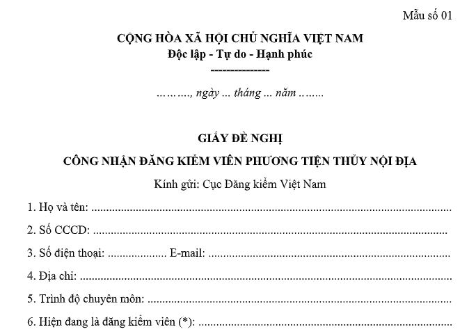 Mẫu Giấy đề nghị công nhận đăng kiểm viên phương tiện thủy nội địa từ 15/8/2026 có dạng nào theo Thông tư 43? Tải về?