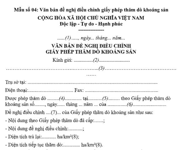 Tải về Mẫu Văn bản đề nghị điều chỉnh giấy phép thăm dò khoáng sản từ 15/9/2026 theo Thông tư 55 ở đâu?