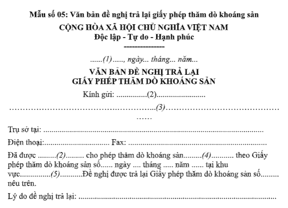 Tải mẫu Văn bản đề nghị trả lại giấy phép thăm dò khoáng sản từ 15/9/2026 theo Thông tư 55/2026/TT-BCT ở đâu?