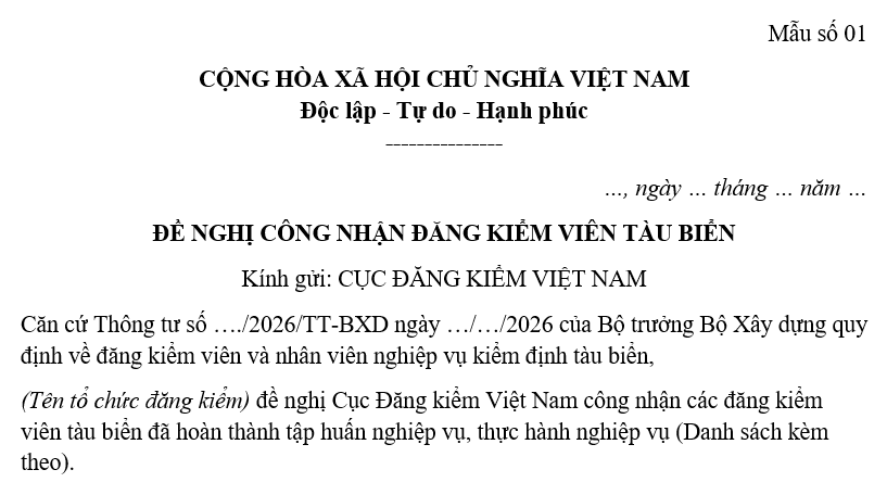 Tải về mẫu Đề nghị công nhận đăng kiểm viên tàu biển từ 15/8/2026 theo Thông tư 35/2026/TT-BXD?