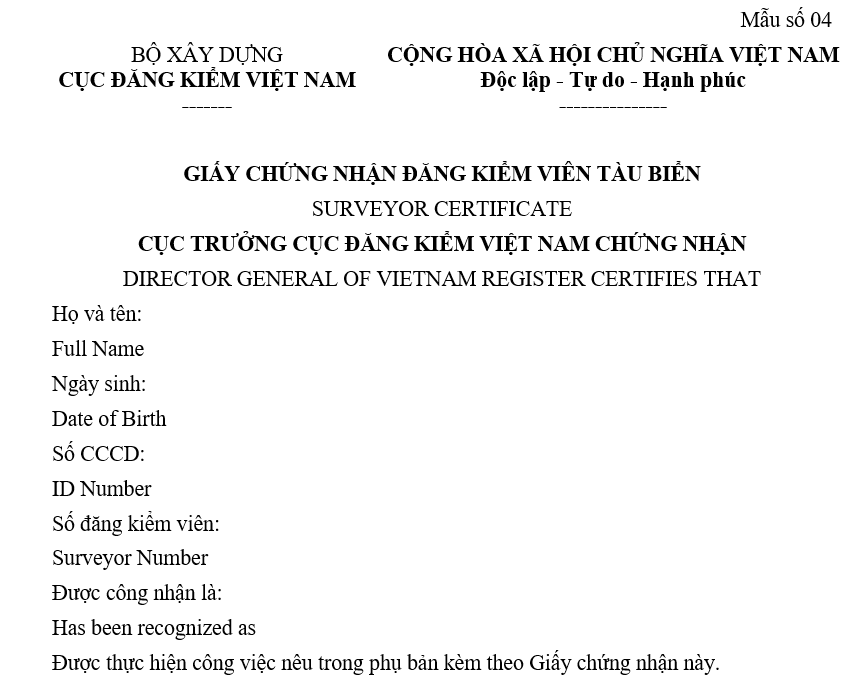 Mẫu Giấy chứng nhận đăng kiểm viên tàu biển từ 15/8/2026 theo Thông tư 35/2026/TT-BXD có dạng nào? Tải về?
