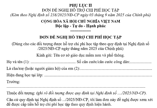 Mẫu Đơn đề nghị hỗ trợ chi phí học tập năm học 2026-2027 là mẫu nào theo Nghị định 238? Tải về?