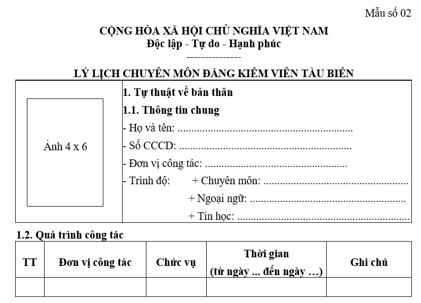 Tải về Mẫu Lý lịch chuyên môn đăng kiểm viên tàu biển từ 15/8/2026 theo Thông tư 35/2026/TT-BXD?