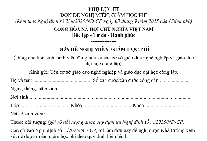 Mẫu Đơn đề nghị giảm học phí đại học 2026-2027 là mẫu nào? Tải về?