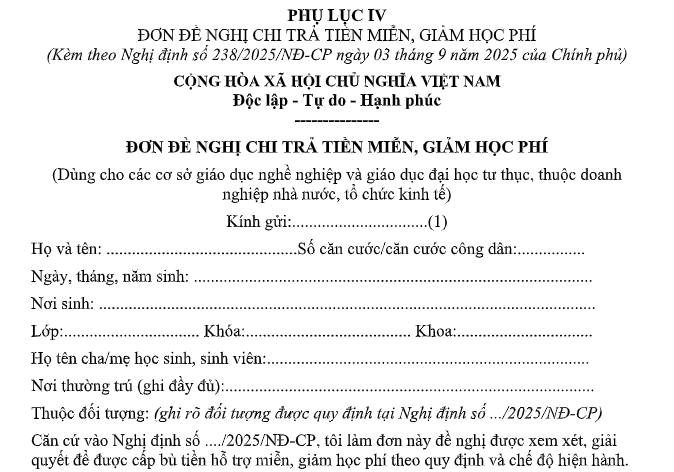 Mẫu Đơn đề nghị giảm học phí đại học 2026-2027 là mẫu nào? Tải về?
