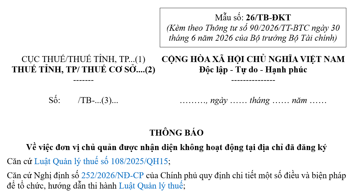 Mẫu Thông báo về việc đơn vị chủ quản được nhận diện không hoạt động tại địa chỉ đã đăng ký theo Thông tư 90? Tải mẫu 26/TB-ĐKT?