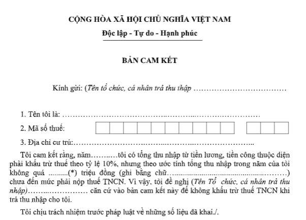 Mẫu Bản cam kết tờ khai không khấu trừ thuế TNCN là mẫu nào? Tải về?