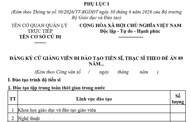 Mẫu Đăng ký cử giảng viên đi đào tạo tiến sĩ, thạc sĩ theo Đề án 89 là mẫu nào theo Thông tư 50? Tải về?