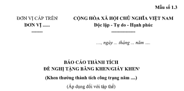 Mẫu Báo cáo thành tích đề nghị khen thưởng Bằng khen của Bộ Khoa học và Công nghệ đối với tập thể là mẫu nào? Tải về?