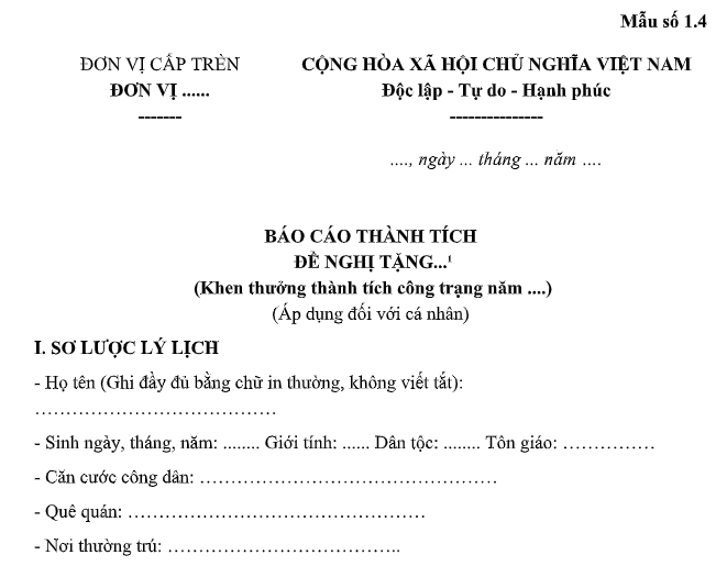 Tải Mẫu Báo cáo thành tích đề nghị khen thưởng danh hiệu thi đua, hình thức khen thưởng đối với cá nhân ngành Khoa học và Công nghệ ở đâu?