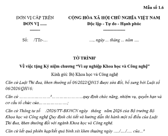 Tải Mẫu Tờ trình đề nghị tặng Kỷ niệm chương “Vì sự nghiệp Khoa học và Công nghệ” theo Thông tư 58/2026/TT-BKHCN ở đâu?