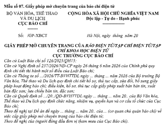 Mẫu Giấy phép mở chuyên trang của báo chí điện tử có dạng nào? Tải về?