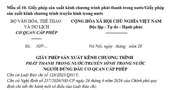 Mẫu Giấy phép sản xuất kênh chương trình phát thanh trong nước có dạng nào? Tải về?