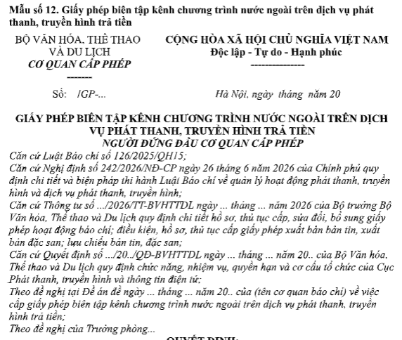 Mẫu Giấy phép biên tập kênh chương trình nước ngoài trên dịch vụ phát thanh, truyền hình trả tiền có dạng nào? Tải về?