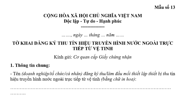 Mẫu Tờ khai đăng ký thu tín hiệu truyền hình nước ngoài trực tiếp từ vệ tinh có dạng như thế nào? Tải về?