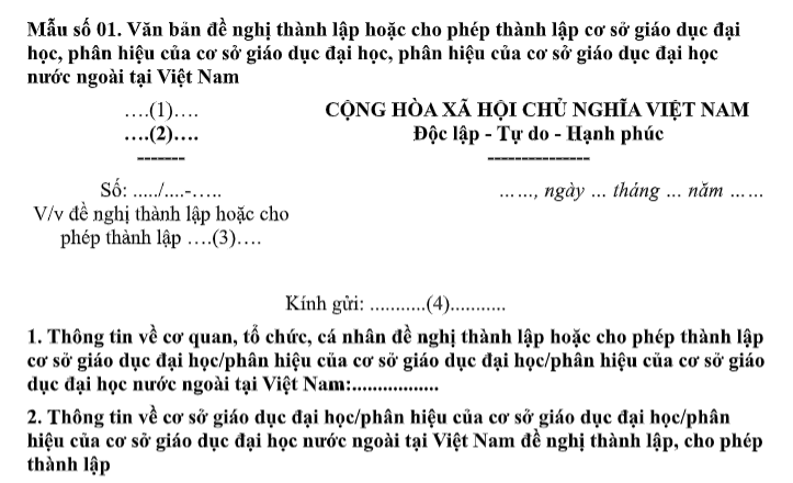 Mẫu Văn bản đề nghị thành lập hoặc cho phép thành lập cơ sở giáo dục đại học theo Nghị định 361/2026/NĐ-CP có dạng nào? Tải về?