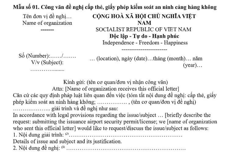 Mẫu Công văn đề nghị cấp thẻ, giấy phép kiểm soát an ninh cảng hàng không từ 01/7/2026 là mẫu nào theo Thông tư 115? Tải về?
